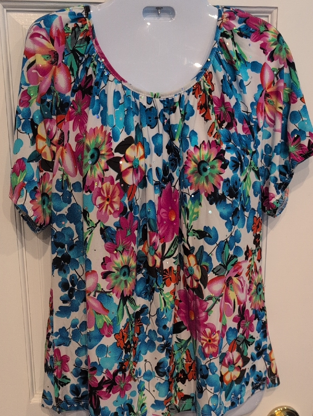 Floral Scoop Neck Short Sleeve Top - White Multi